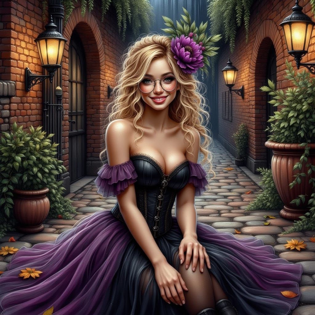 Enchanting Woman in Whimsical Alleyway