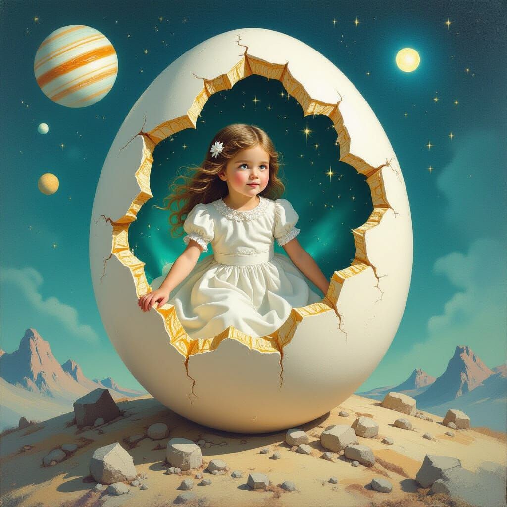 Girl Emerges from Cosmic Egg on Jupiter