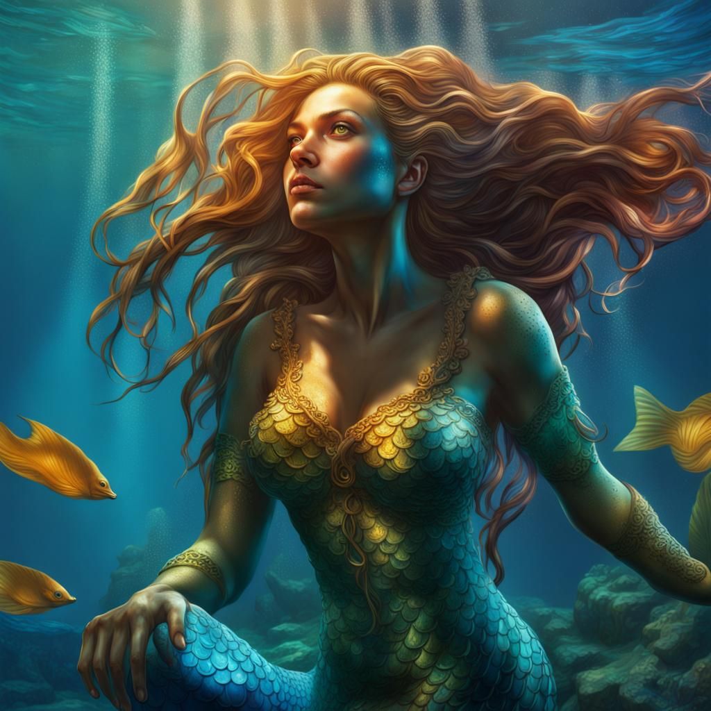 Hyperrealistic Mermaid in Sunken Atlantis City