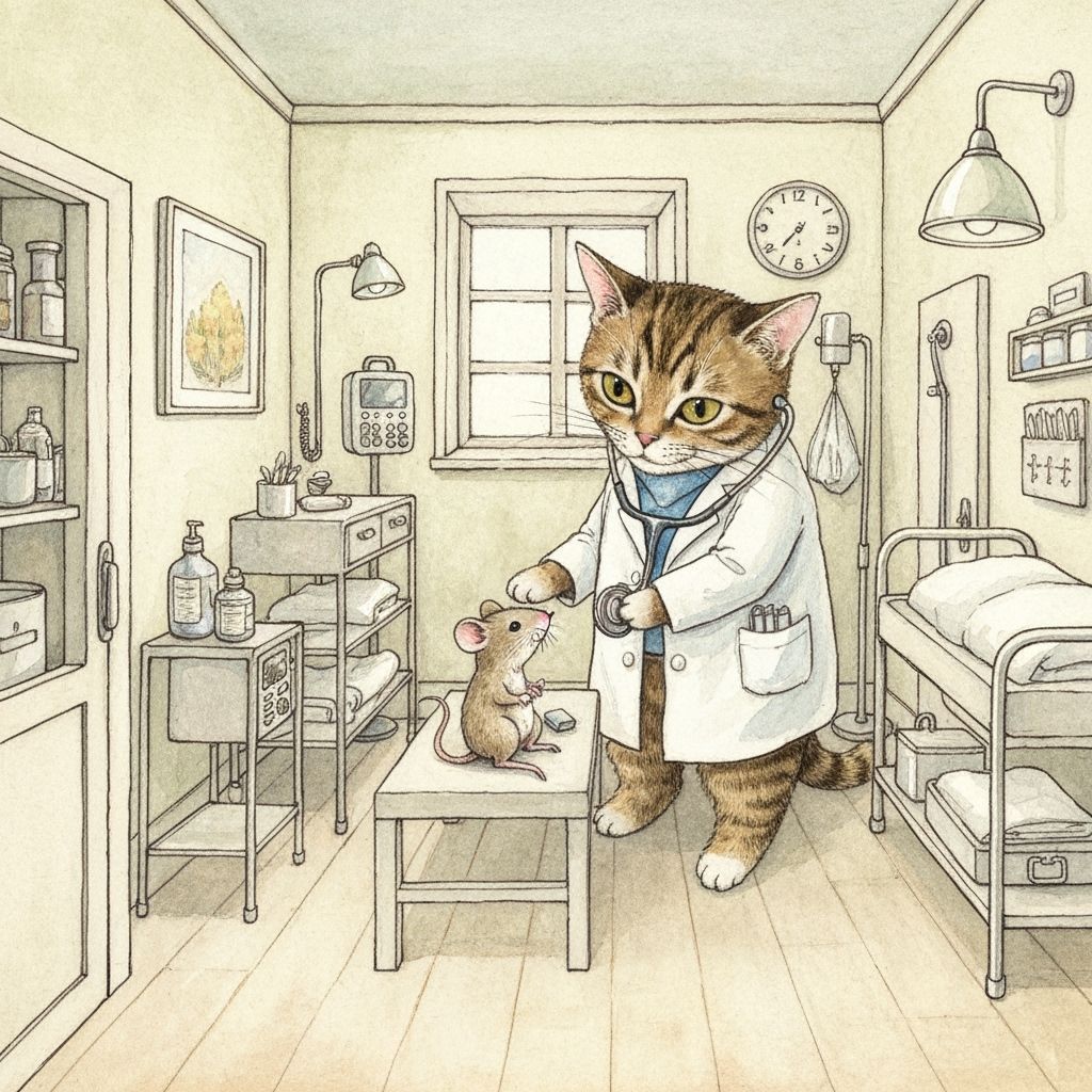 Cat Doctor Tends Mouse in Miniature Hospital