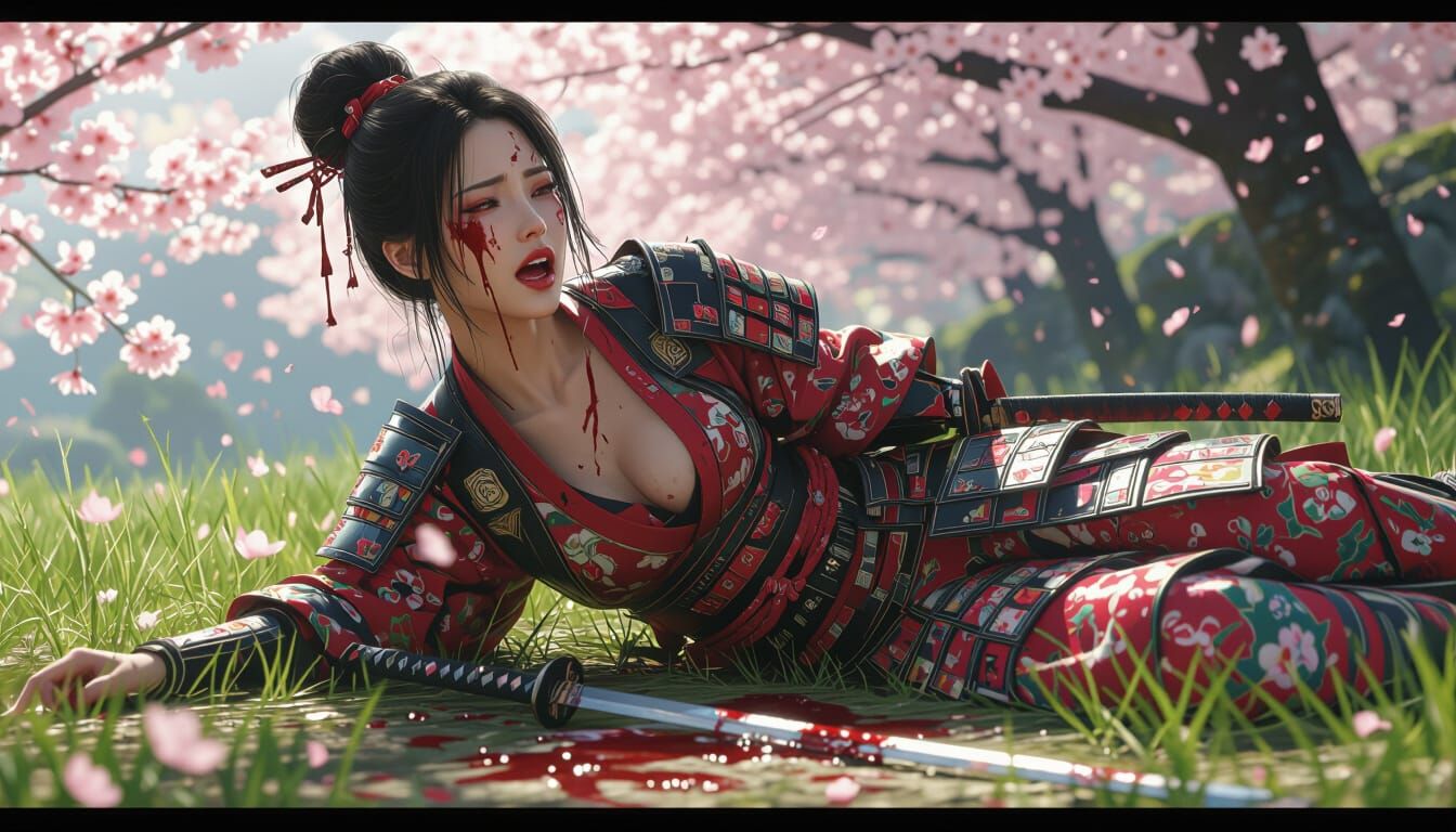 Wounded Samurai in Cherry Blossom Garden