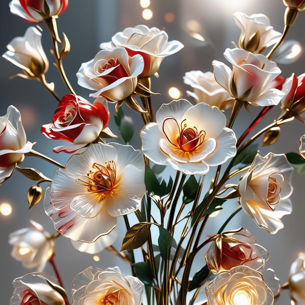 Glass Roses Bouquet on Transparent Background in Fauvist Sty...