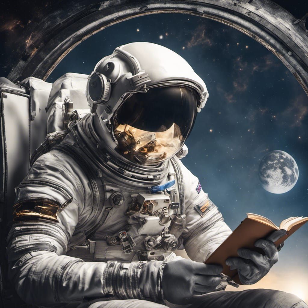 Astronaut Reading Book in Spaceship, UHD Render