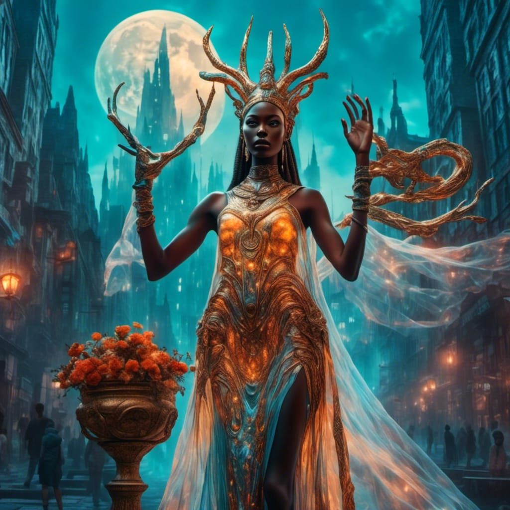 Mythical Woman Gazing Through Telescope in Biomechanical Sty...