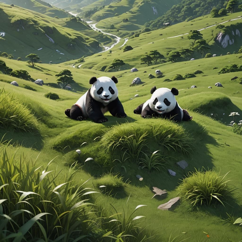 Baby Panda Rolling Down Hill: 3D Anime Art