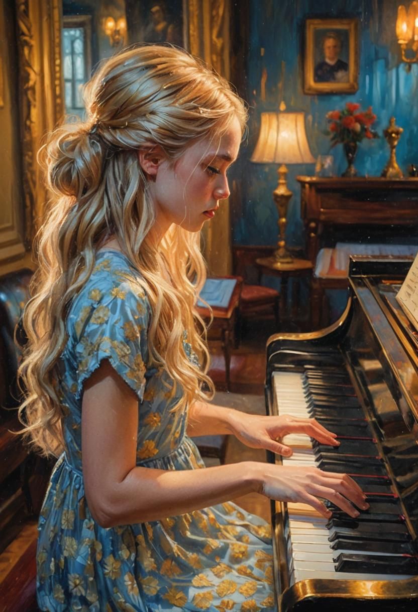 Girl at Piano: Hyperrealistic Digital Art