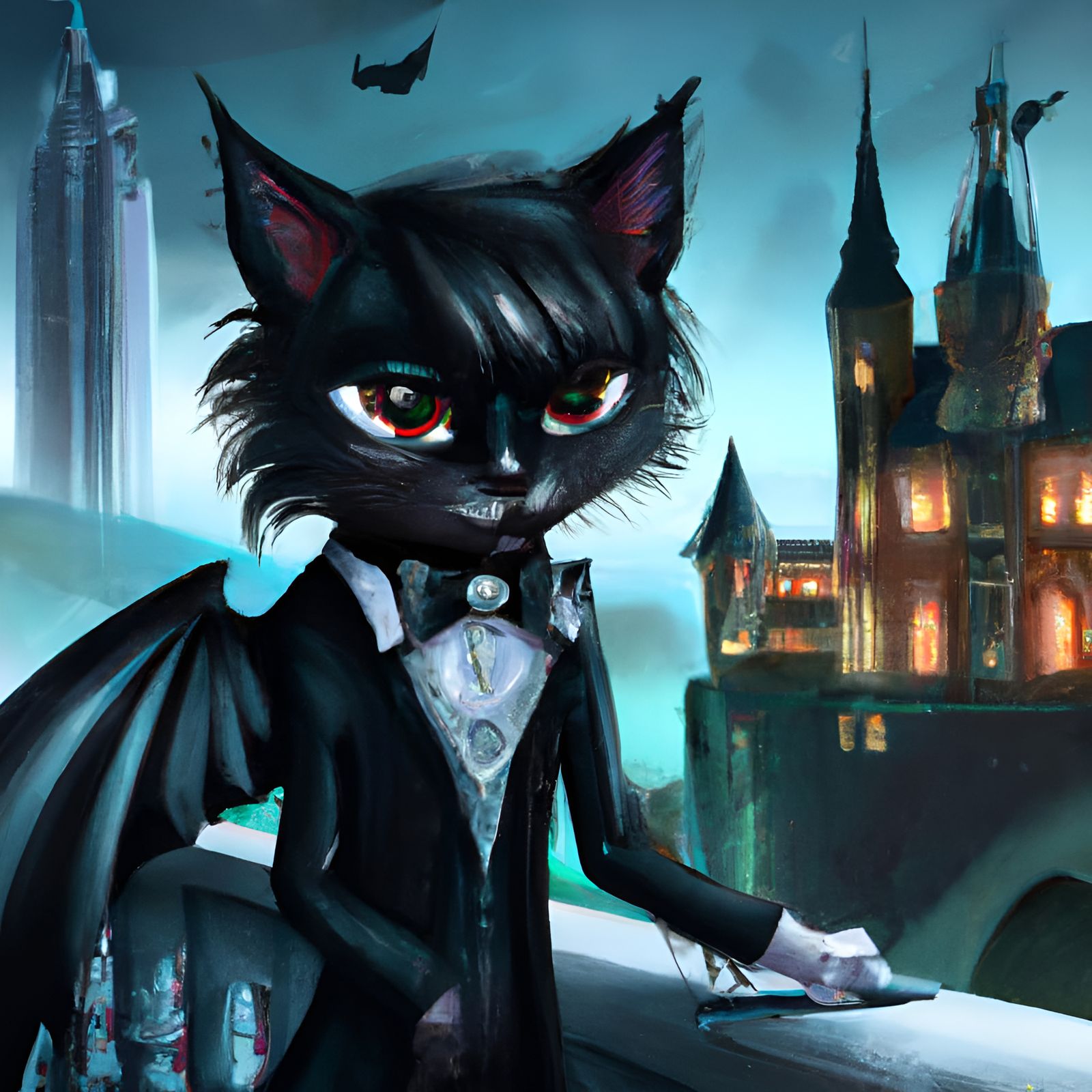 Gothic Vampire Cat with Castle Background in 8k