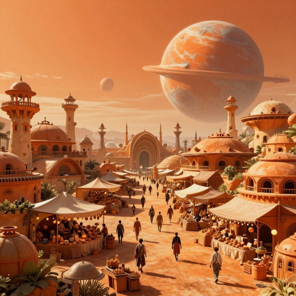 Hyperdetailed Orange Intergalactic Market on Sunshine Planet