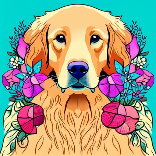 Golden Retriever with Flowers in Pop Art Style