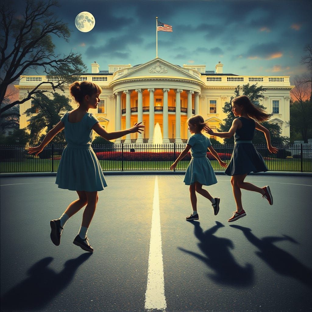 Whimsical Kids Jump Rope in Front of the White House with Su...
