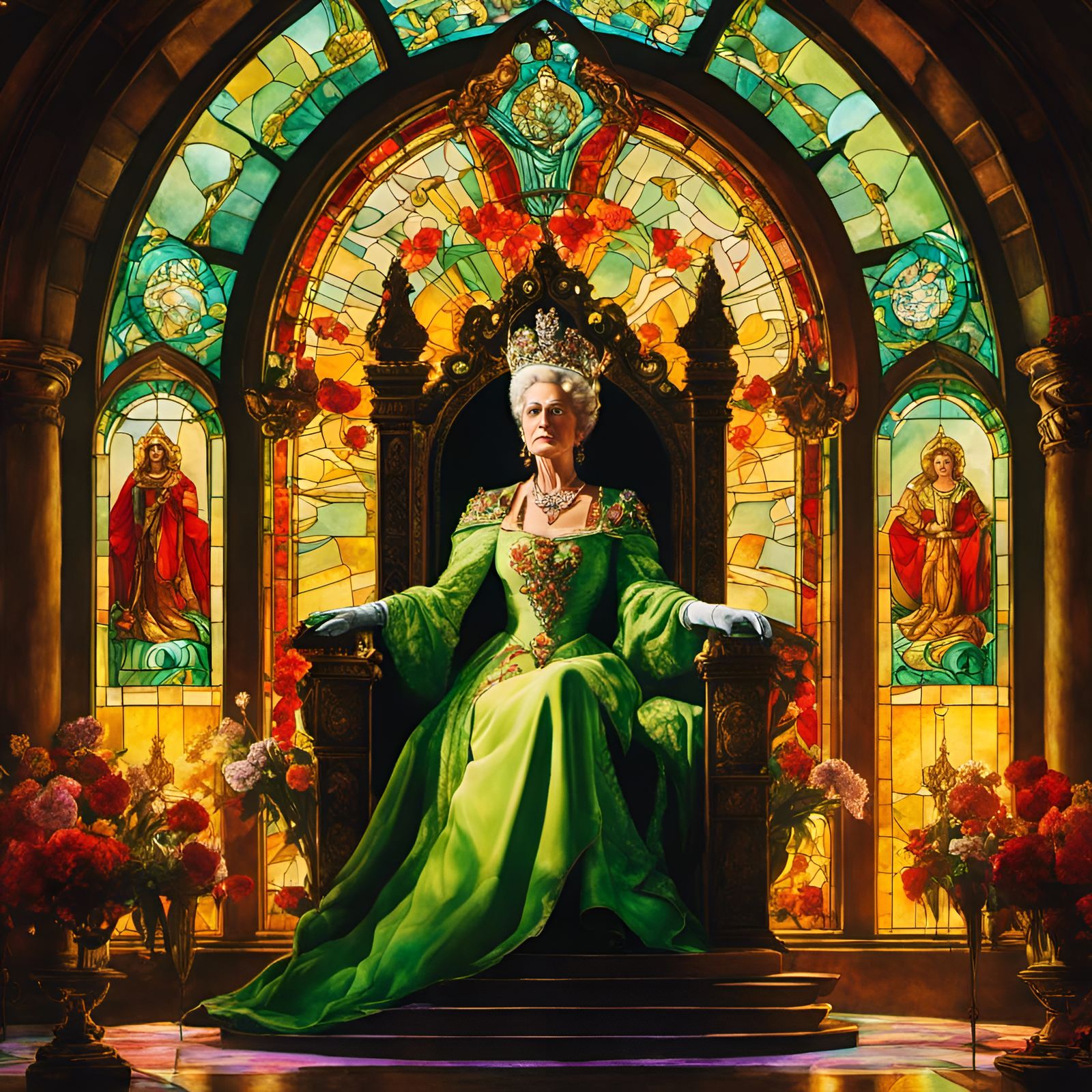 Queen on Throne in Stained Glass, Rembrandt Style