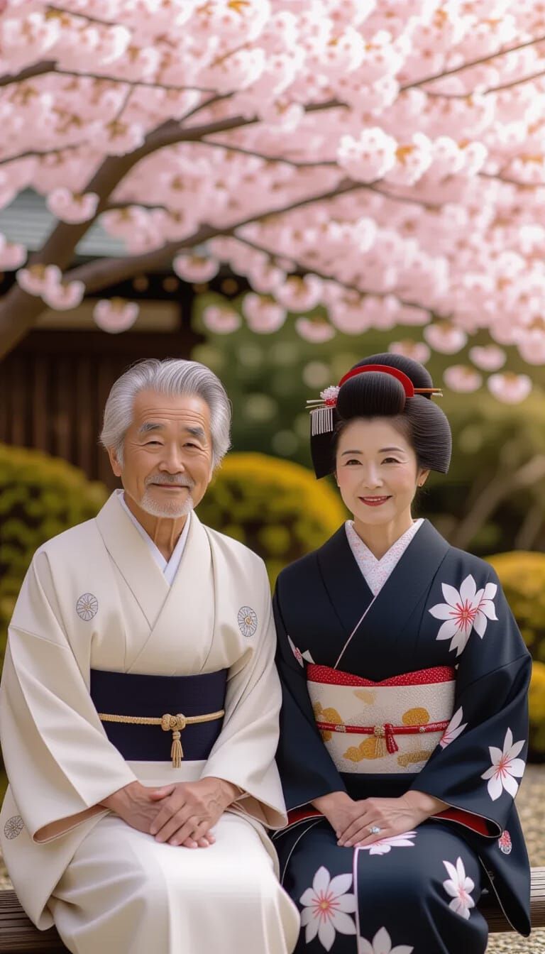Serene Elderly Japanese Couple in Garden