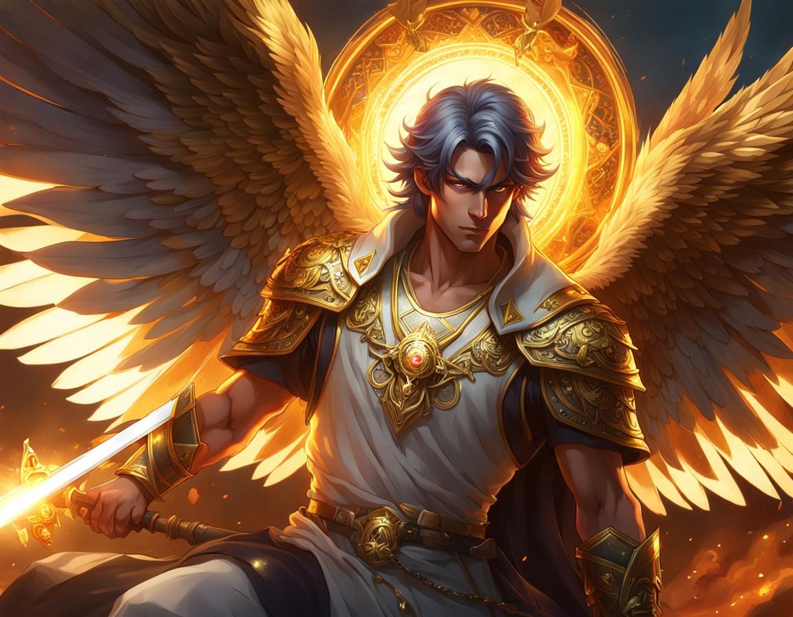 Anime Angel with Flaming Sword in Gold