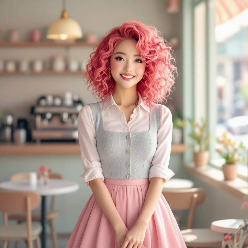 Whimsical Woman in Pastel Cafe