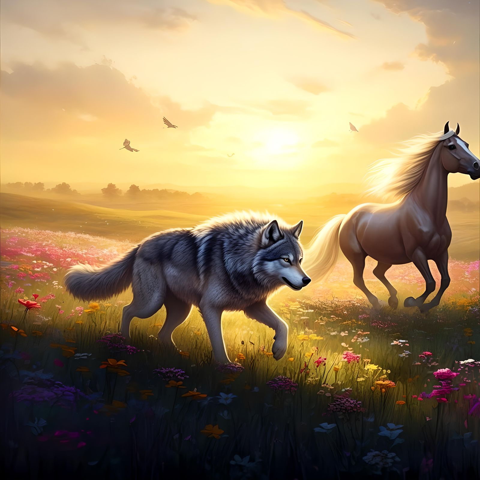 Wolf Chasing Horse in Twilight Concept Art