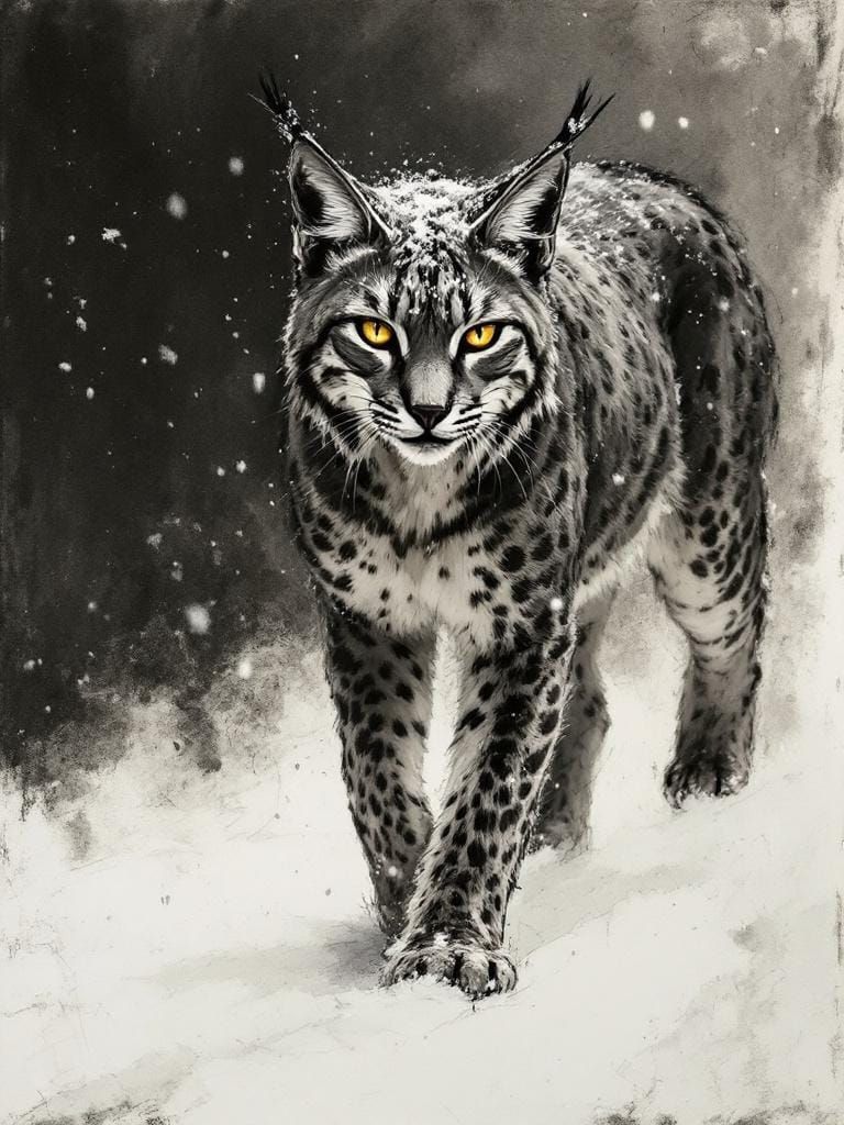 Lynx in Snow, Charcoal Sketch in 19th Century Style