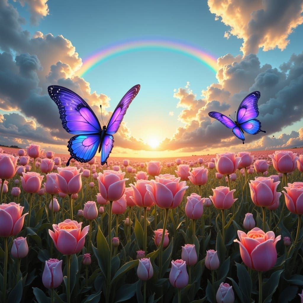 Vibrant Rainbow Garden Scene with Bioluminescent Butterfly