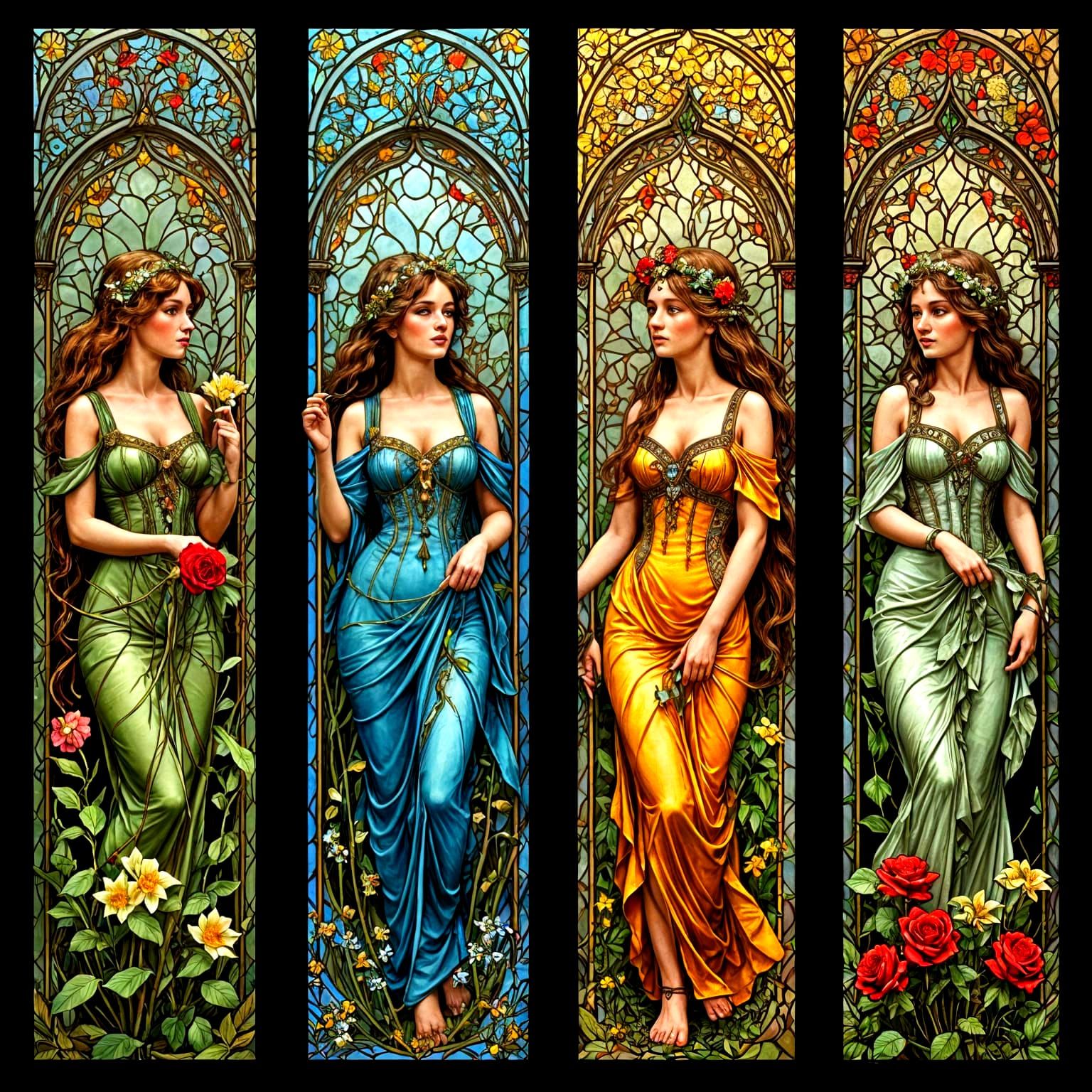Ethereal Victorian Ladies Amidst Stained Glass Seasons