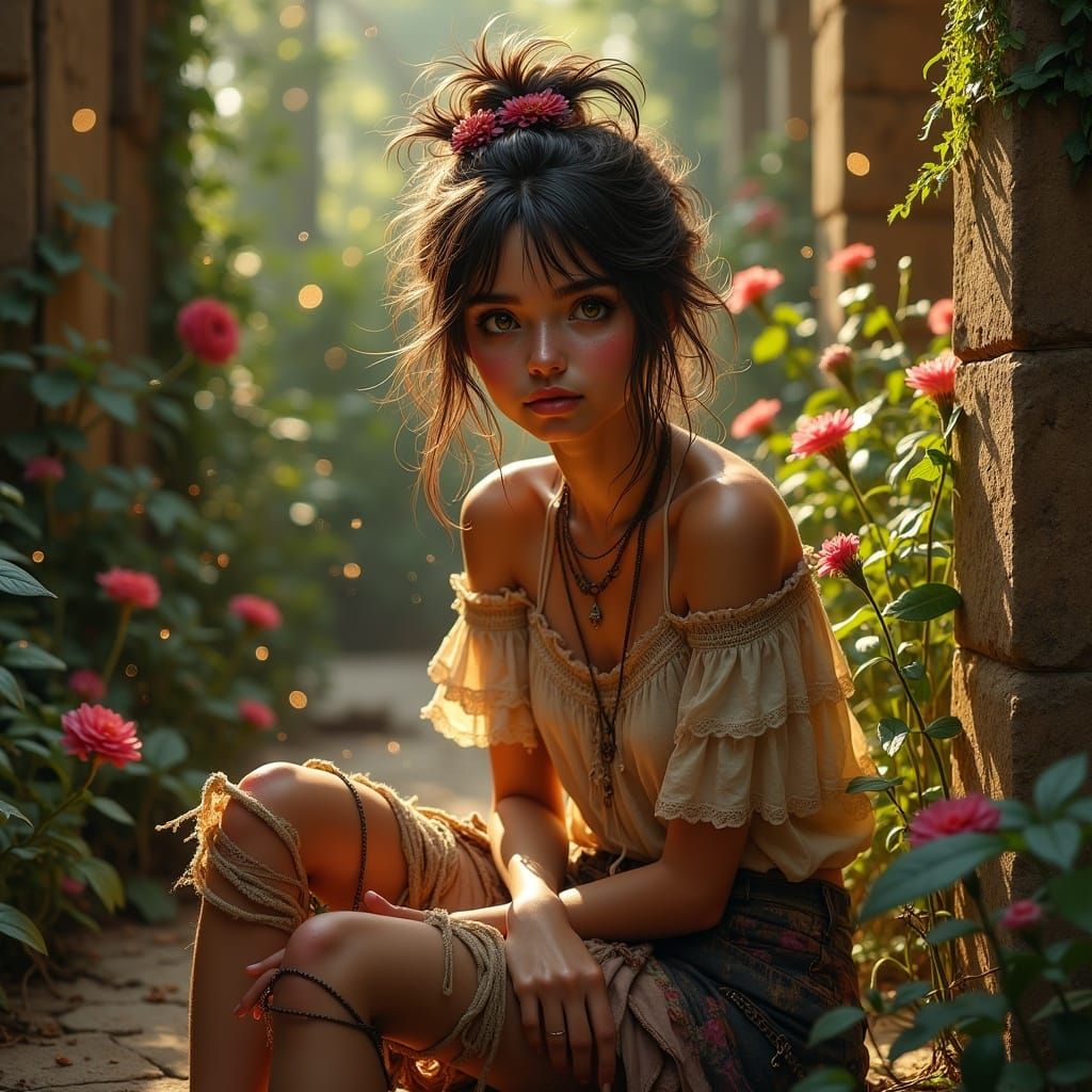 Punky Pixie in Temple Garden: Digital Art