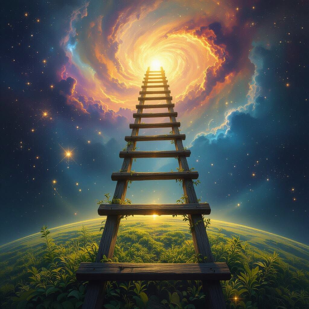 Cosmic Ladder Ascends to Divine Realm in Surreal Digital Pai...