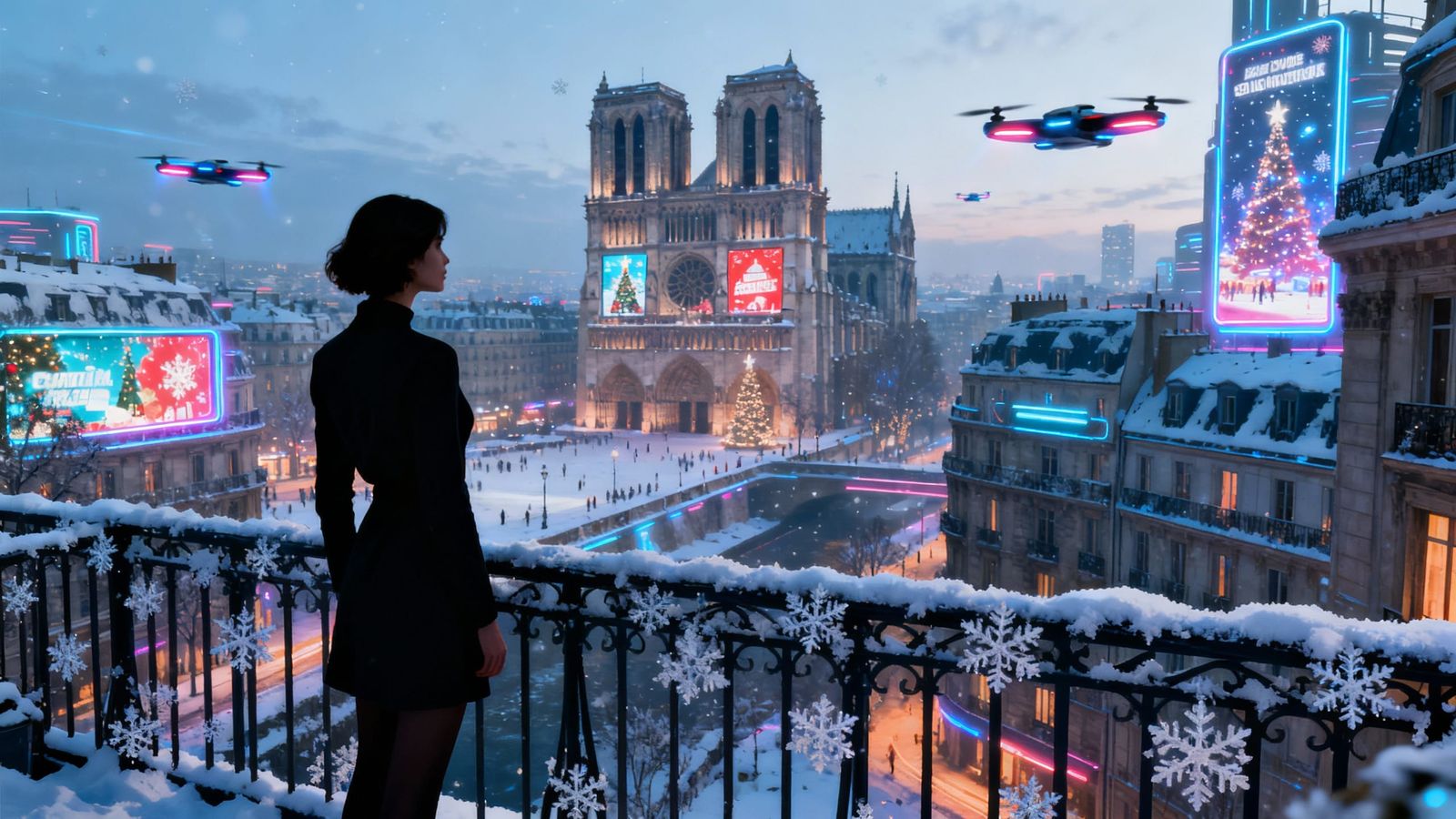 Neon Paris 2100: Snowy Balcony View
