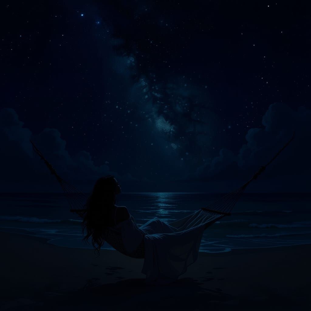 Woman Relaxing in Hammock Under Starry Night Sky