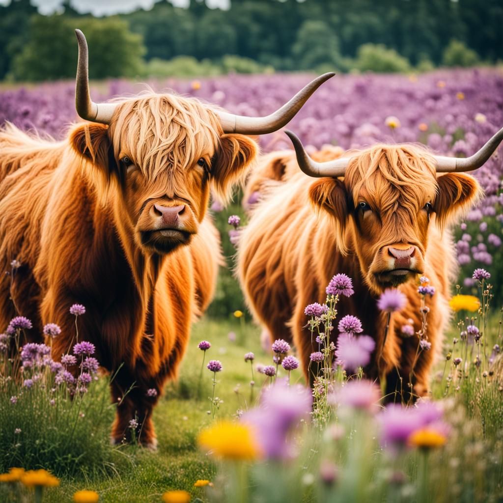 Highland Cows in a Field of Flowers