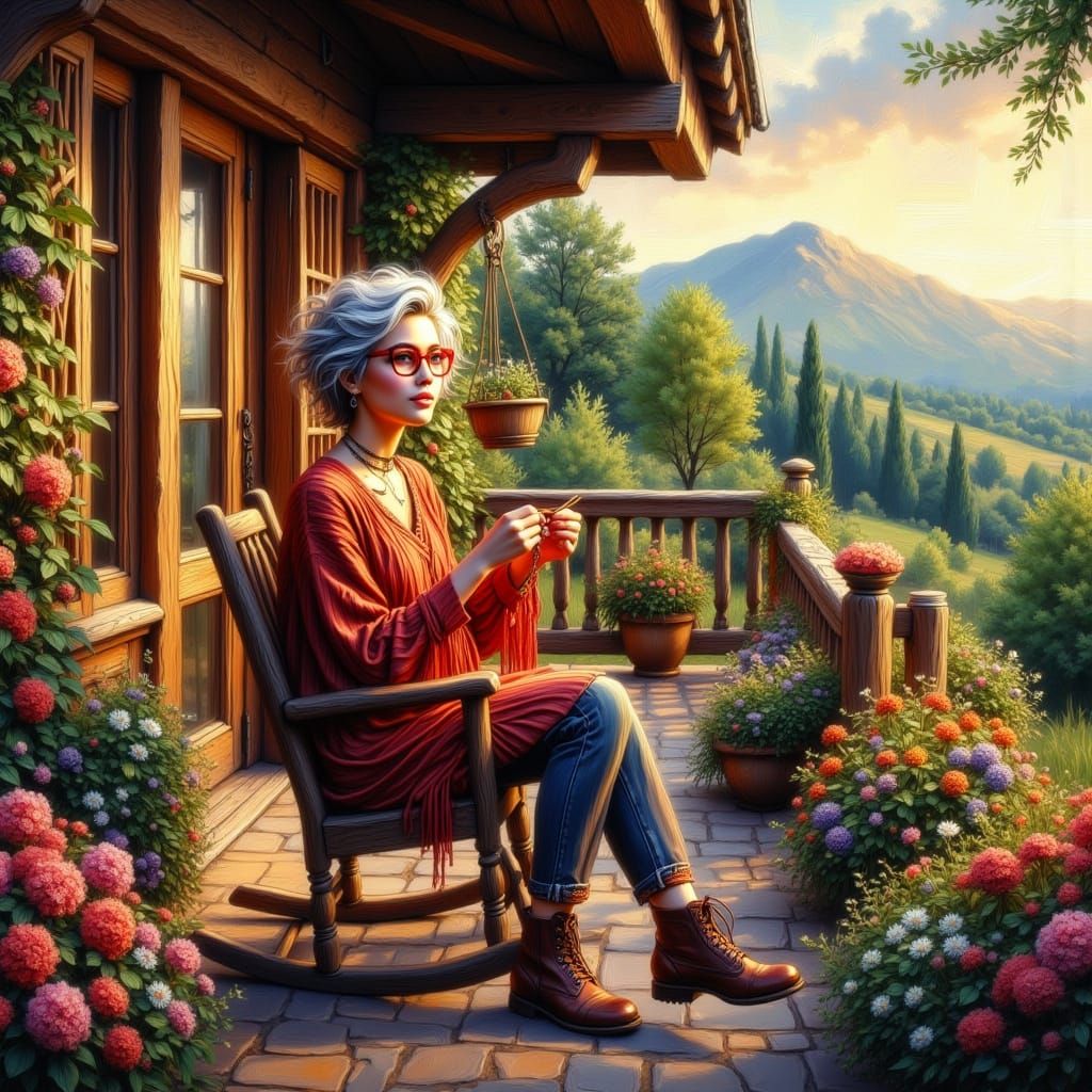 Woman Knitting on Chalet Terrace in Golden Hour