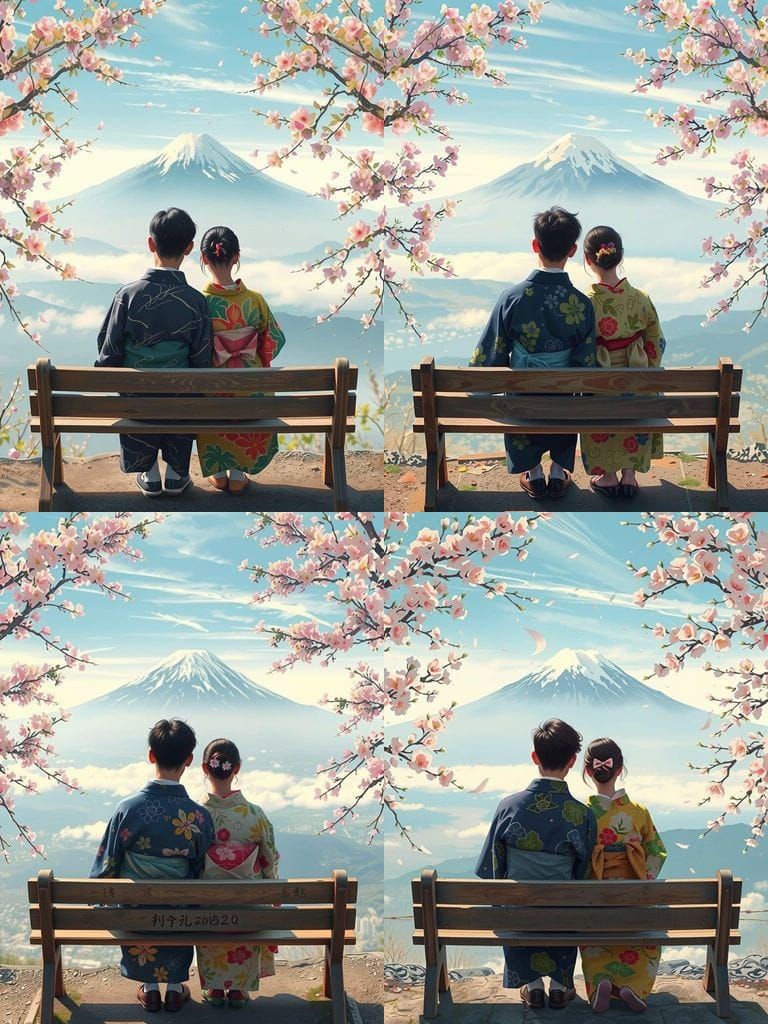 Serene Couple in Traditional Yukata, Viewed from Behind, Gaz...