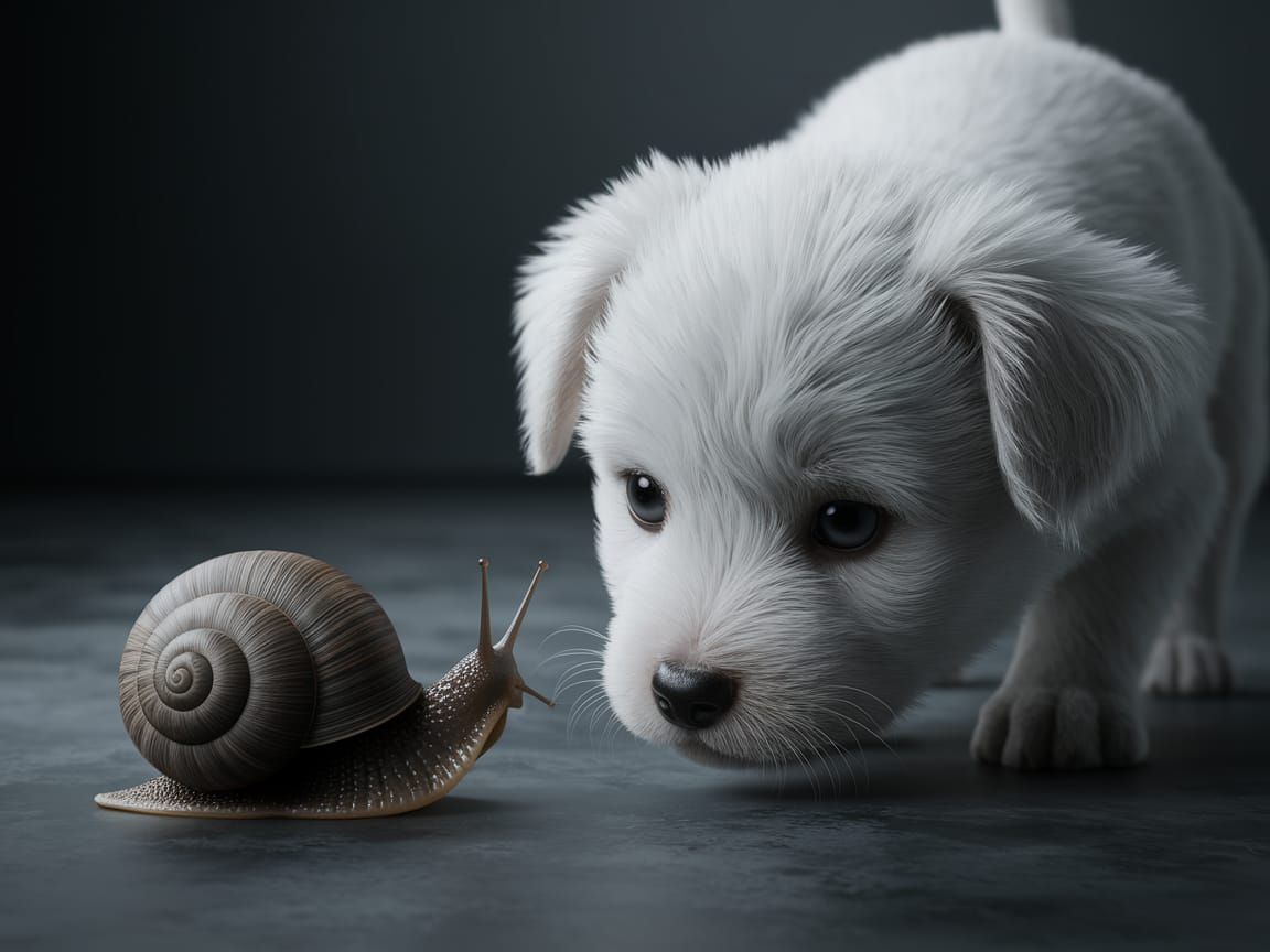 White Puppy's Curious Gaze at Snail