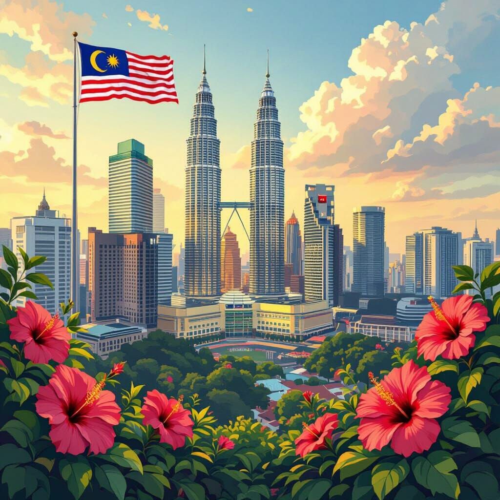 Kuala Lumpur Cityscape with Hibiscus Flowers