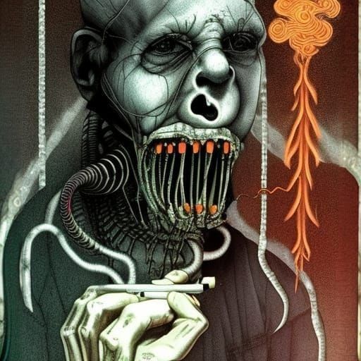 Demonic Chain Smoker in Epic Horror Style