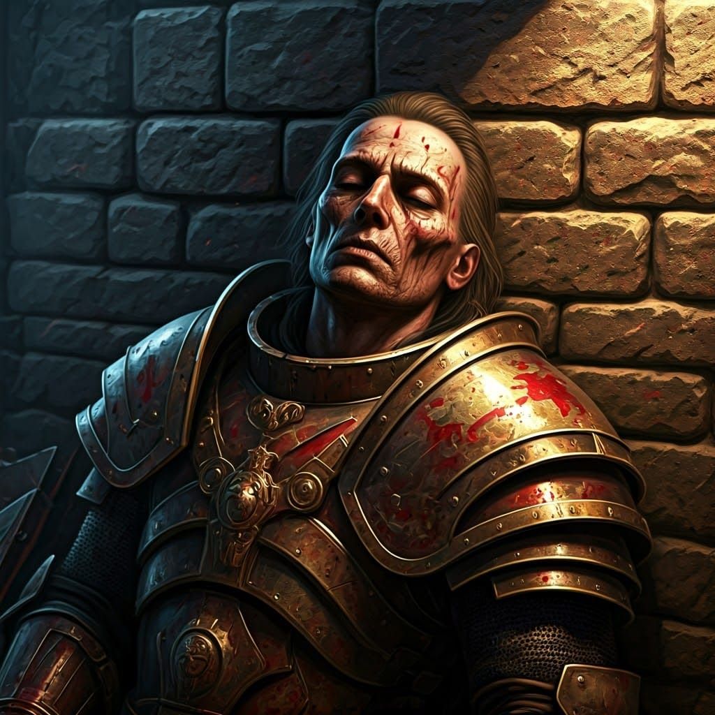 Dead Soldier Resting Against Stone Wall