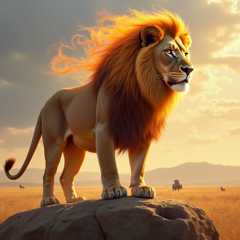 Lion with Fiery Mane Overlooking Savanna