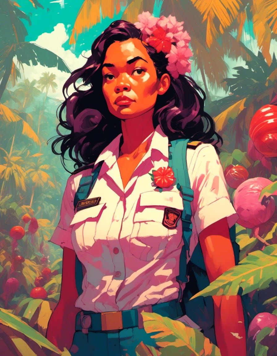 Grumpy Castaway on Candy Island in Cyberpunk Style