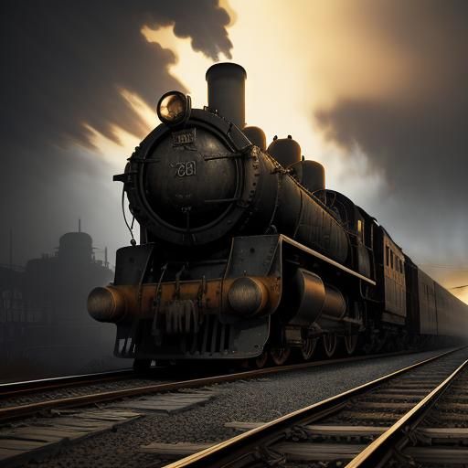 Steampunk Train Chugs Through Foggy Railway in Warm Golden L...