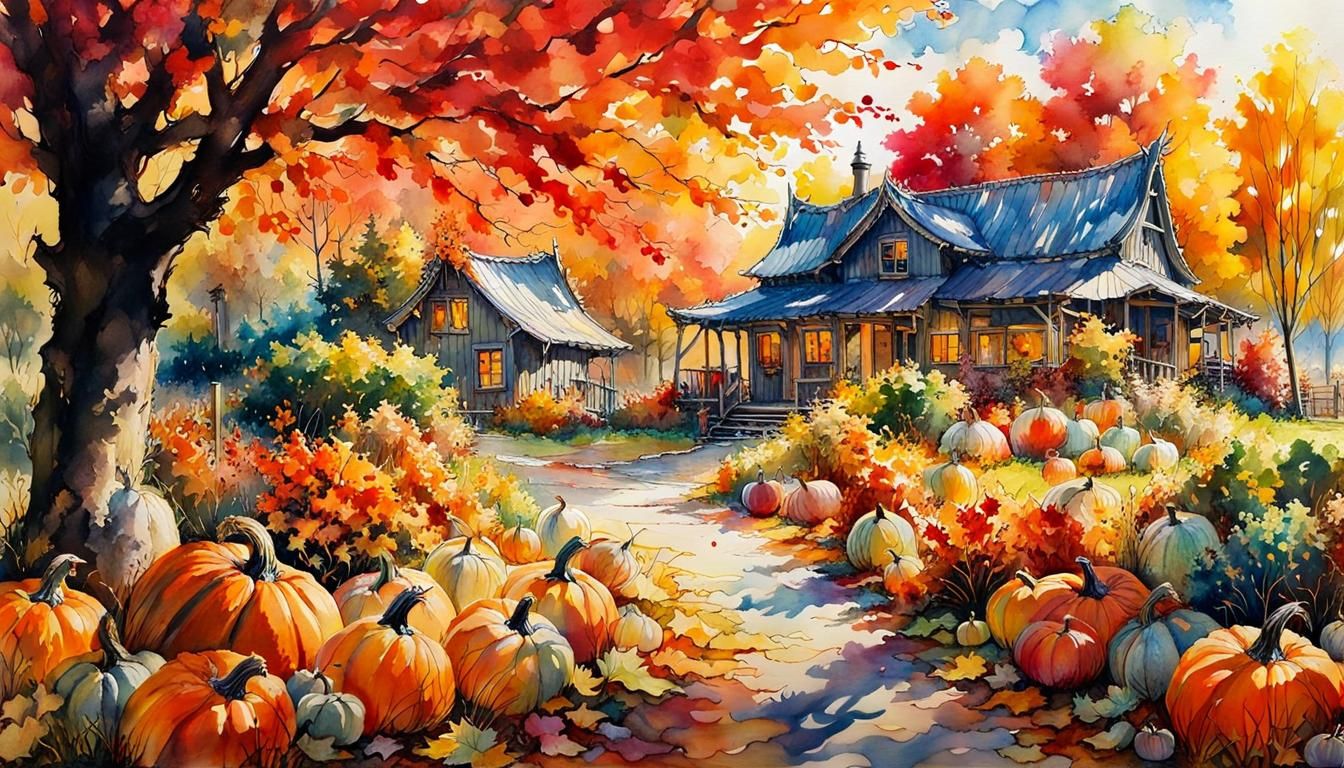 Autumn Garden Landscape in Watercolor Style