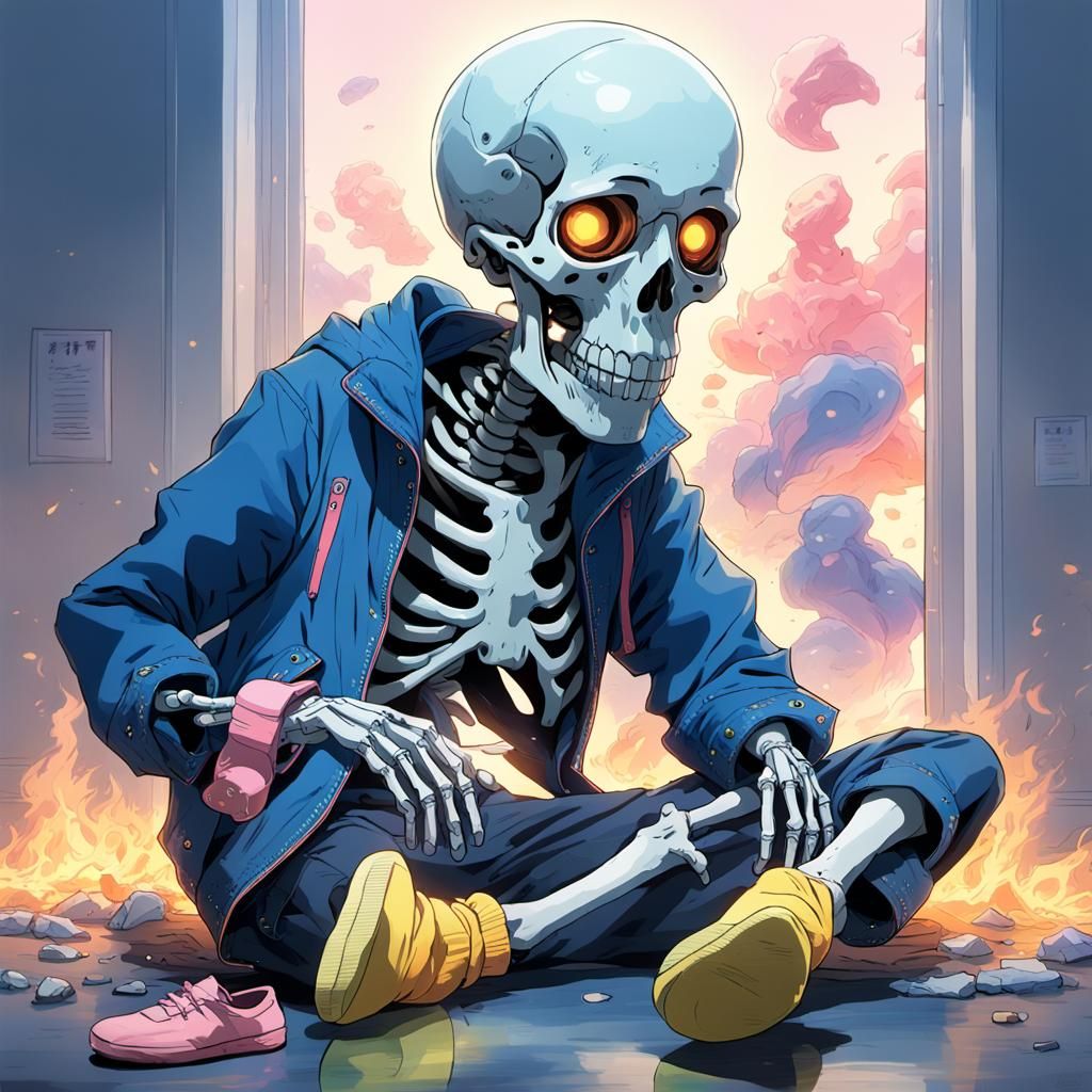 Skeleton in Jacket with Anime Fire