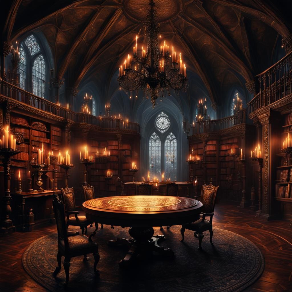 Gothic Castle Room with Chandelier and Storm