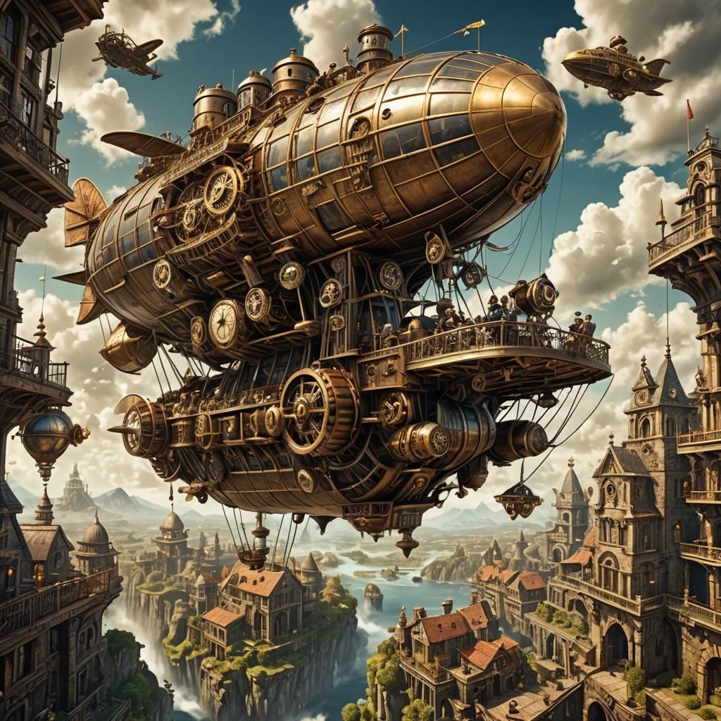 Steampunk Airship Soaring Through Floating Islands, Digital ...