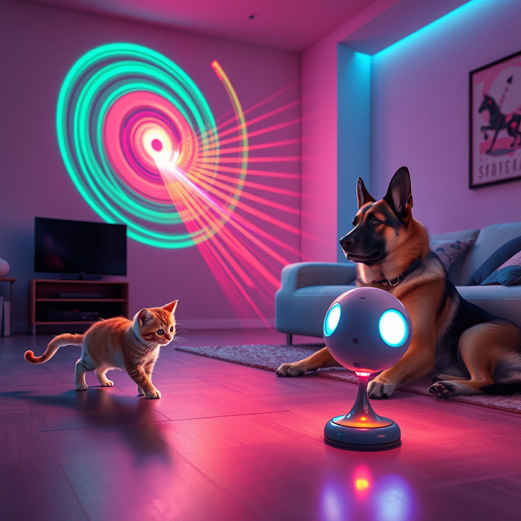 High-Tech Pet Toys in Futuristic Room