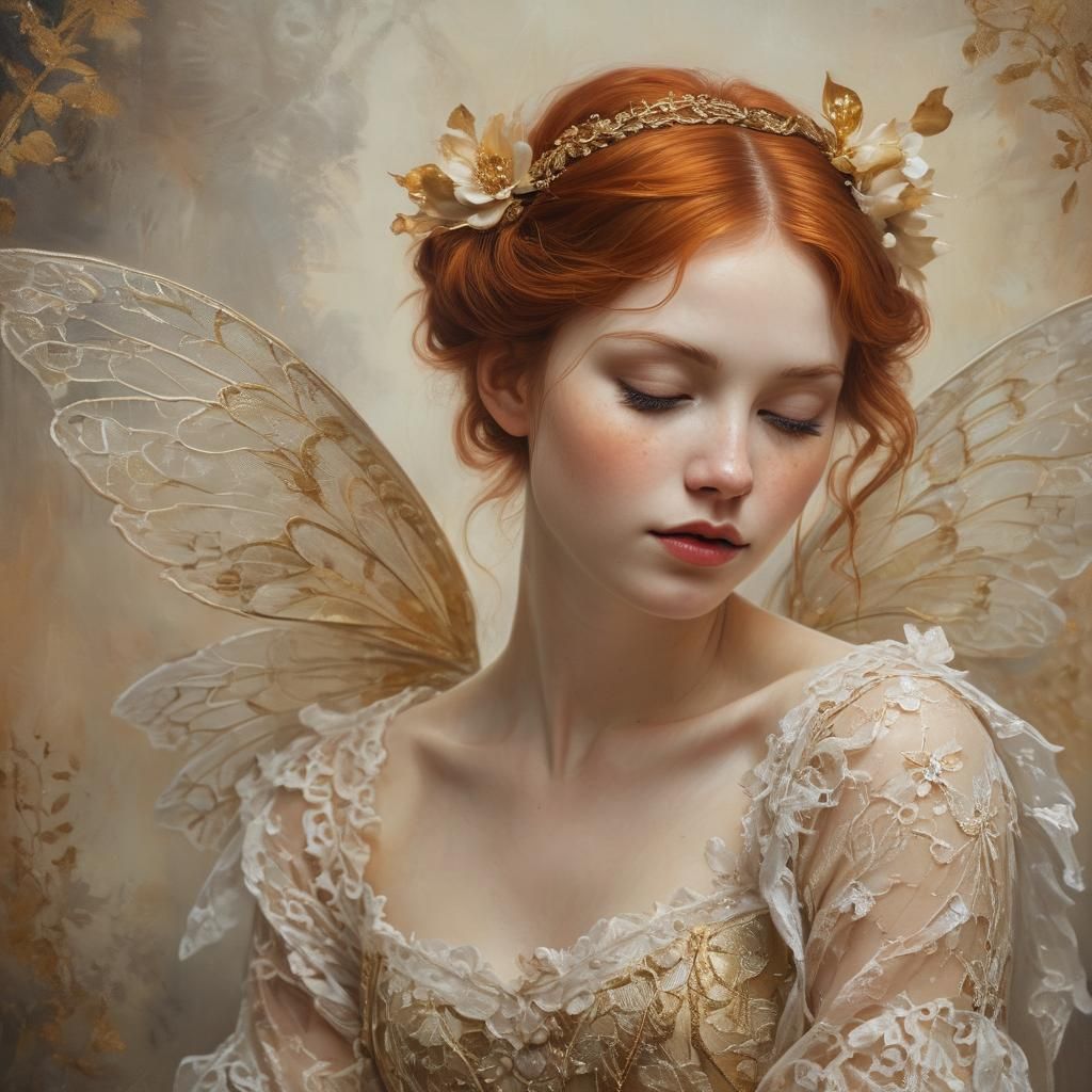 Red-Haired Fairy Portrait in Oil, Black Wings