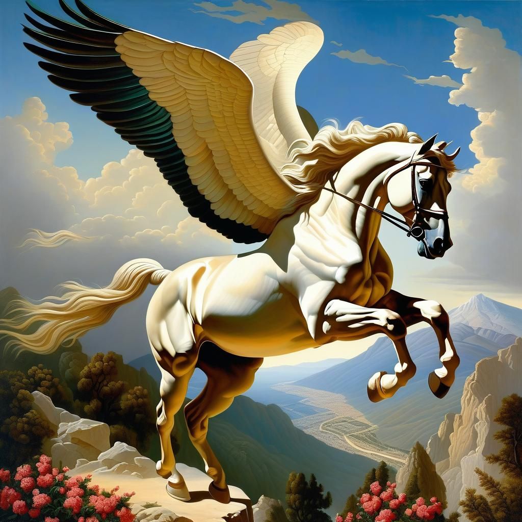 Pegasus Soaring to Mount Olympus: Detailed Fine Art