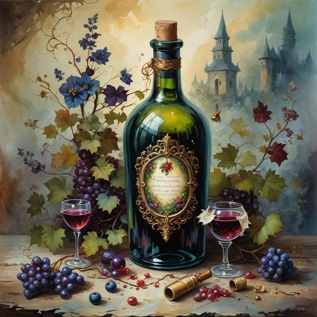 Mysterious Potion in Wine Bottle, Fantasy Painting
