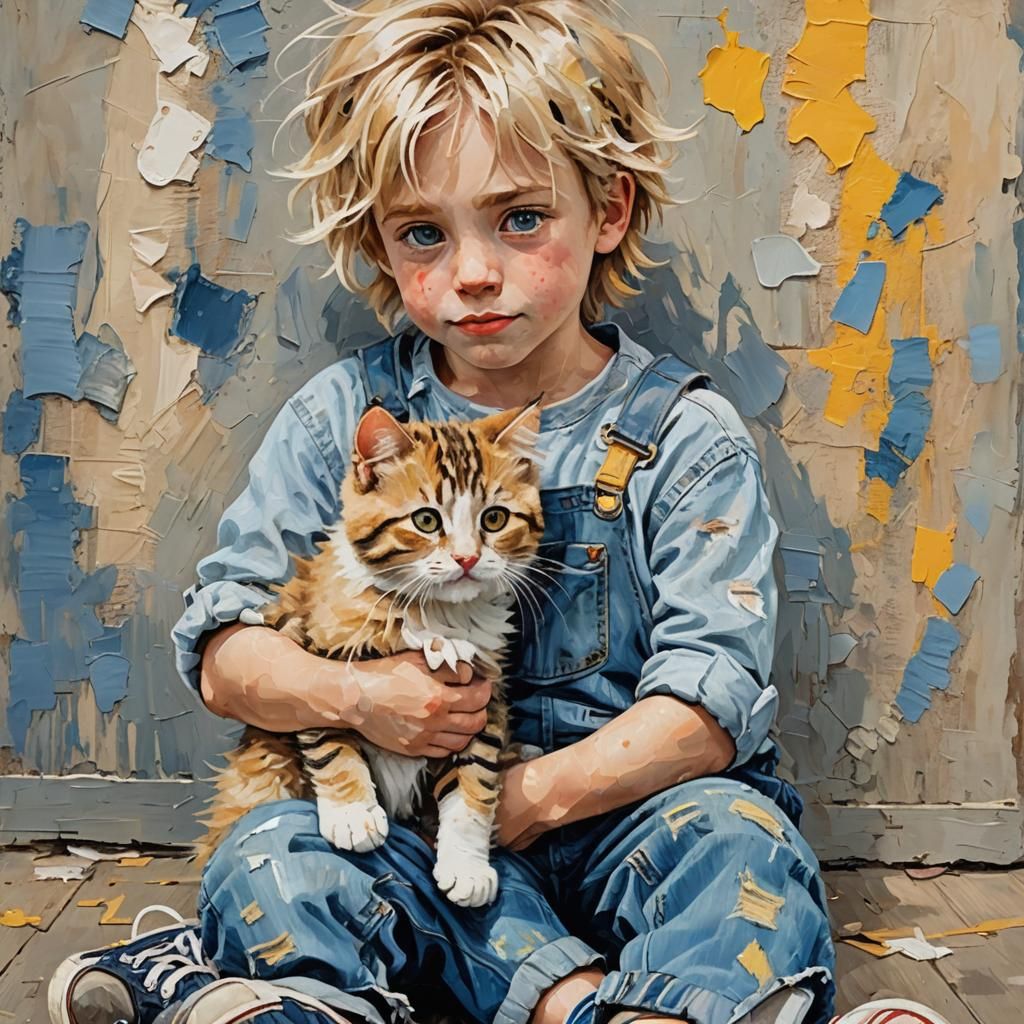 A Boy with his Cat - Impasto Style Painting