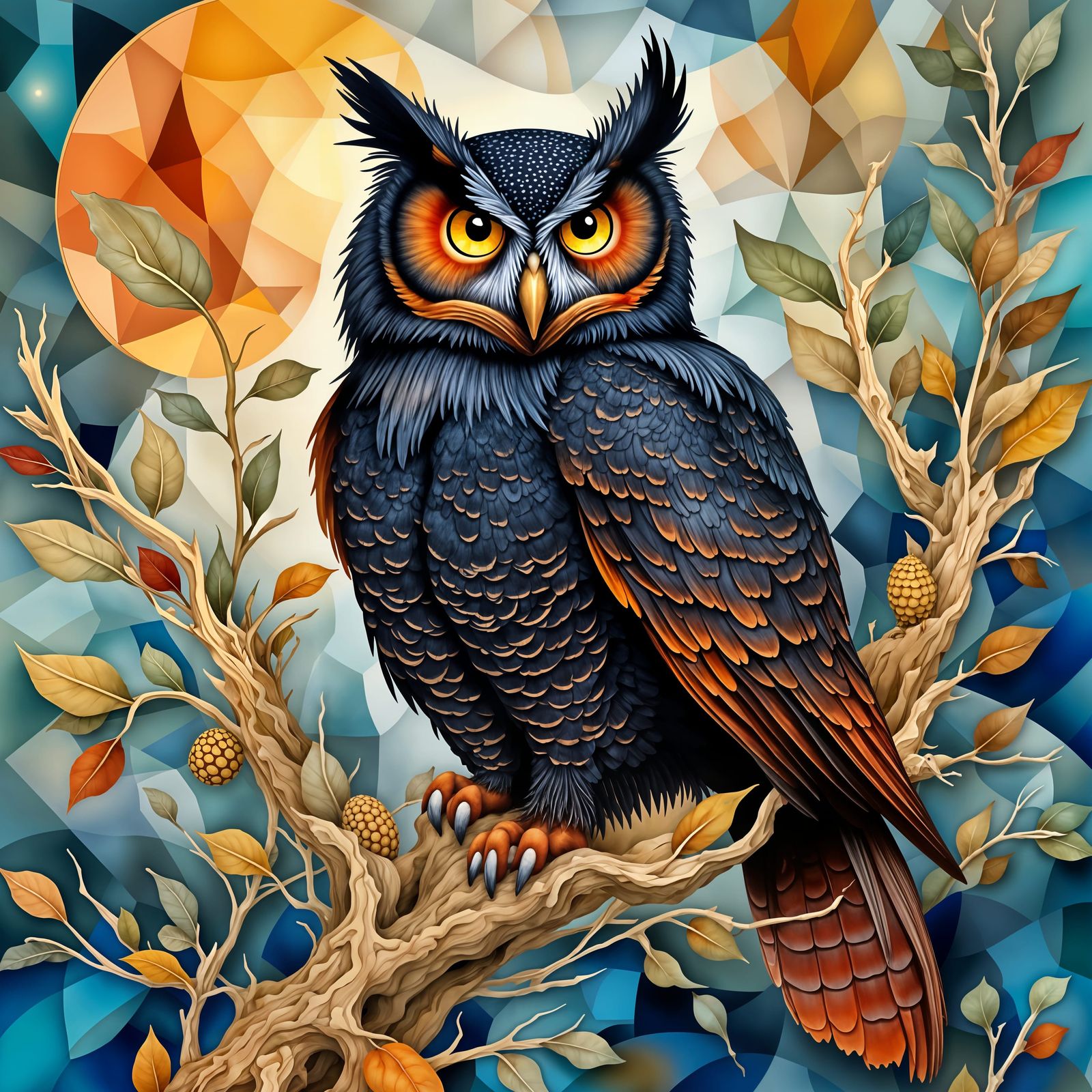 Abstract Owl Portrait with Geometric Pine Tree