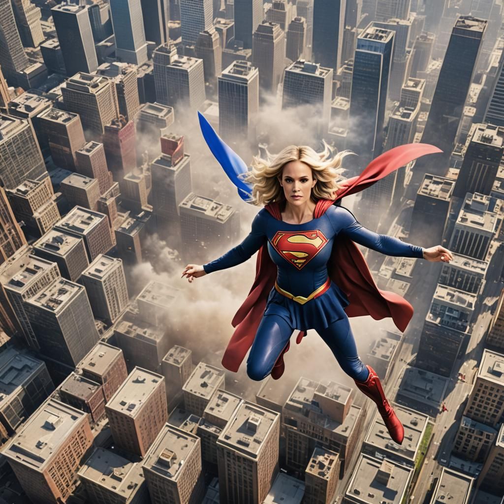 Carrie Underwood as Supergirl Flying Over City