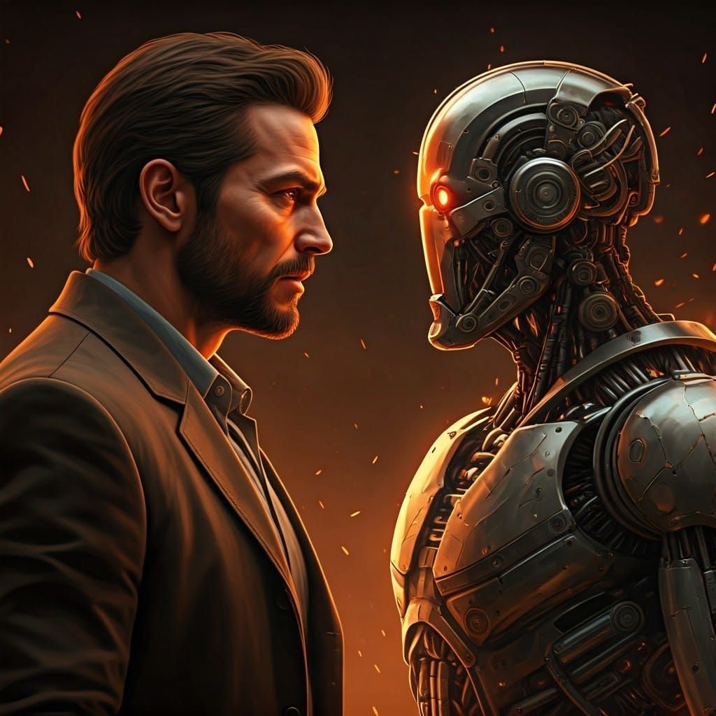 Hyperrealistic Arguing Man and Cyborg in Dynamic Lighting