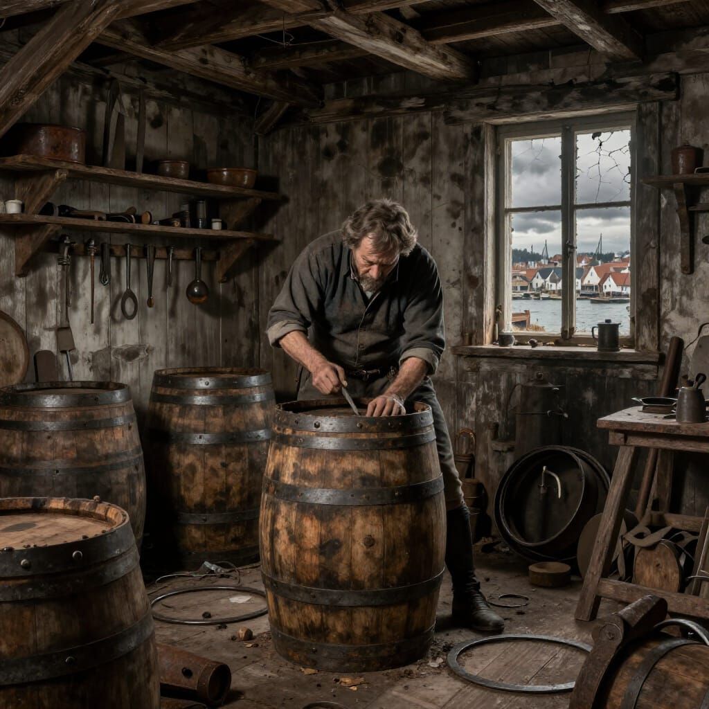 19th Century Cooper Crafting Barrels in Rustic Workshop