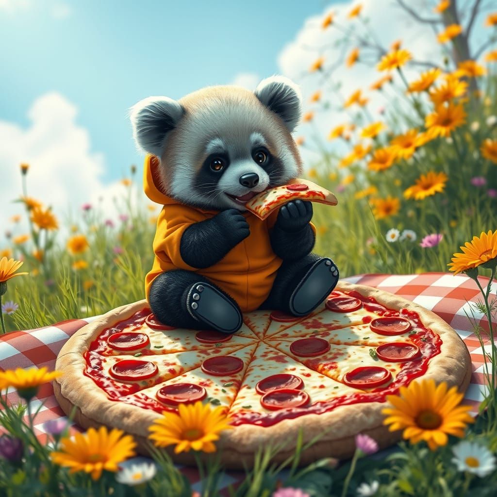 Whimsical Panda Pizza Scene in Vibrant Matte Painting Style